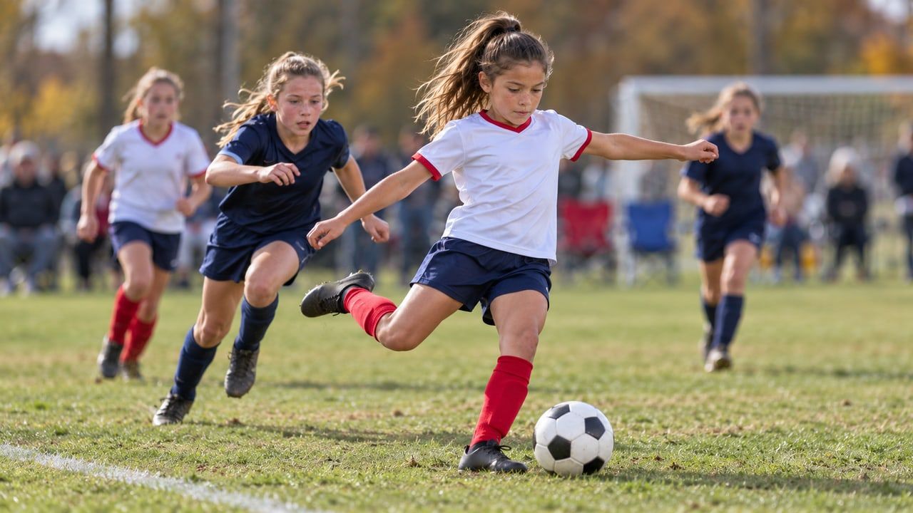 Example photo: a young soccer player about to strike the ball, a defender closing in