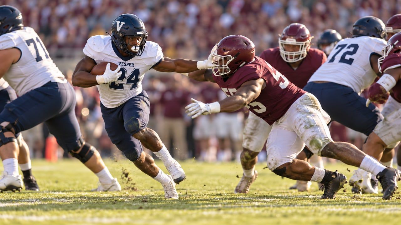 Example featured film still: a Vesper State running back, number 24, stiff-arming a defender