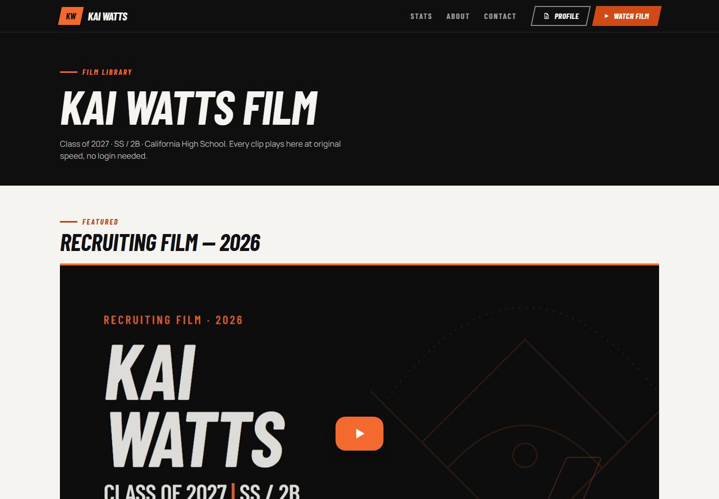 The film library page on kaiwatts.com, with the featured recruiting film