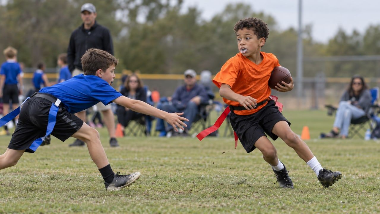 Example photo: a young flag football player cutting away from a defender reaching for his flag