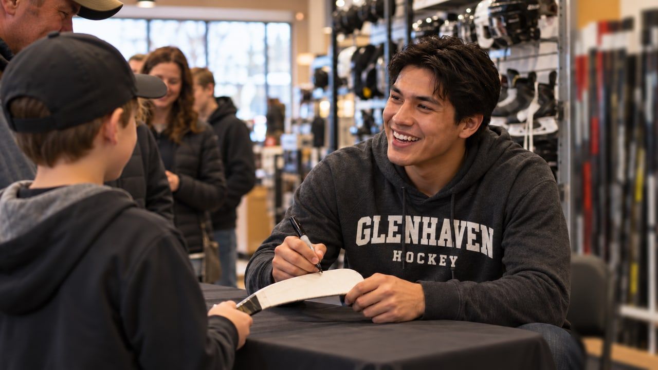 Example photo: a Glenhaven hockey player signing a stick for a young fan at a sponsor event