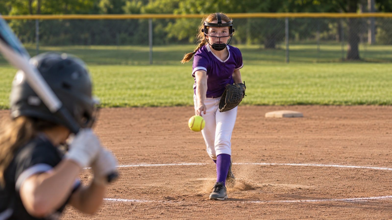 Example photo: a young softball pitcher releasing a windmill pitch