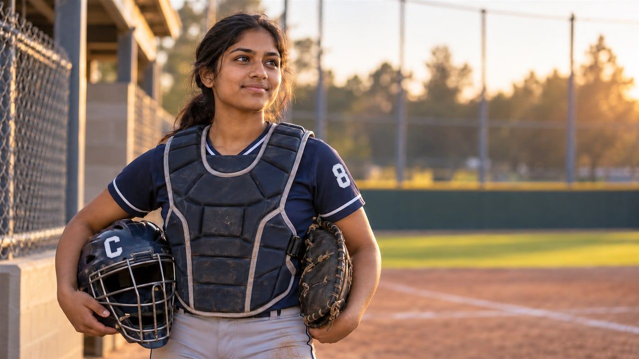 Example photo: a Coldbrook softball catcher in her gear before a game