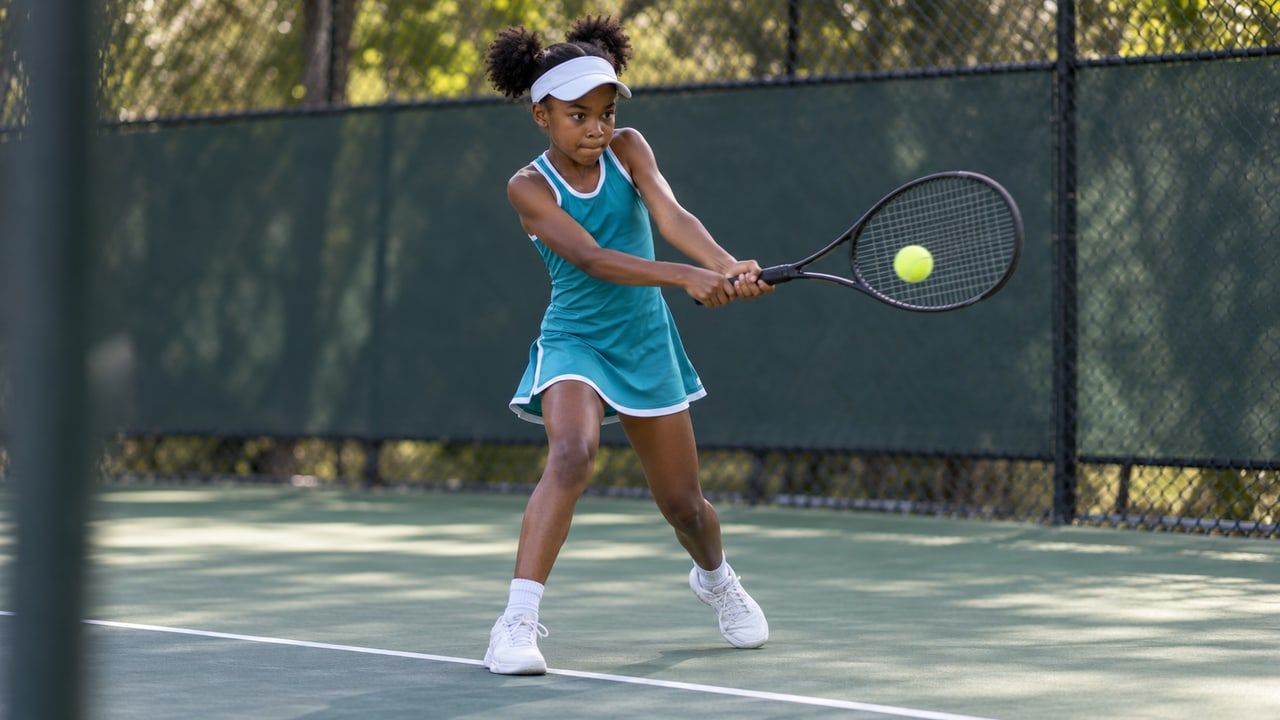 Example photo: a young tennis player hitting a two-handed backhand