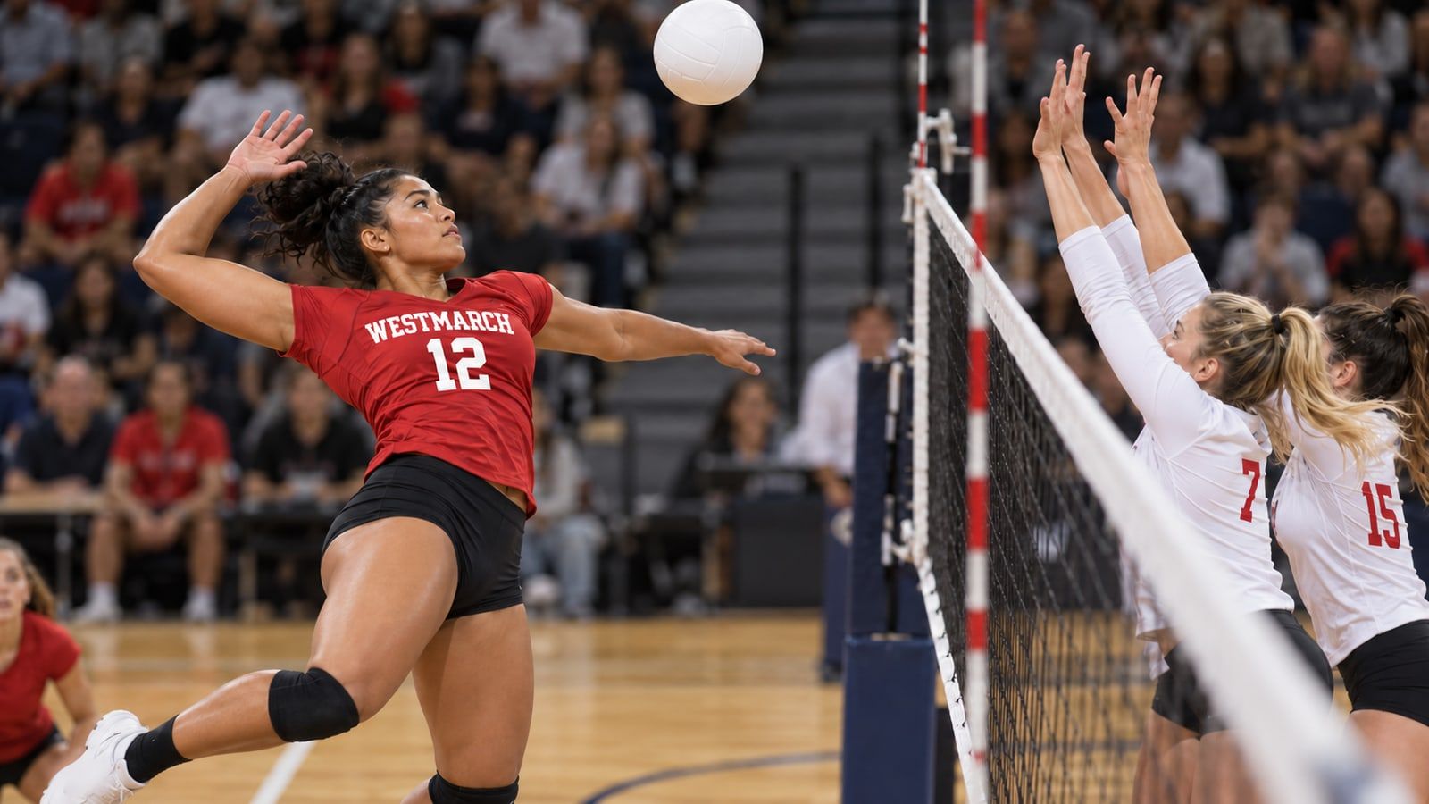 Example photo: a Westmarch volleyball player rising for a spike over a double block