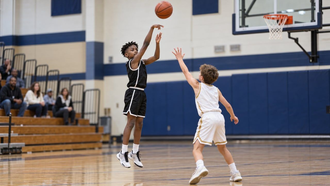 Example photo: a young basketball player releasing a jump shot over a defender