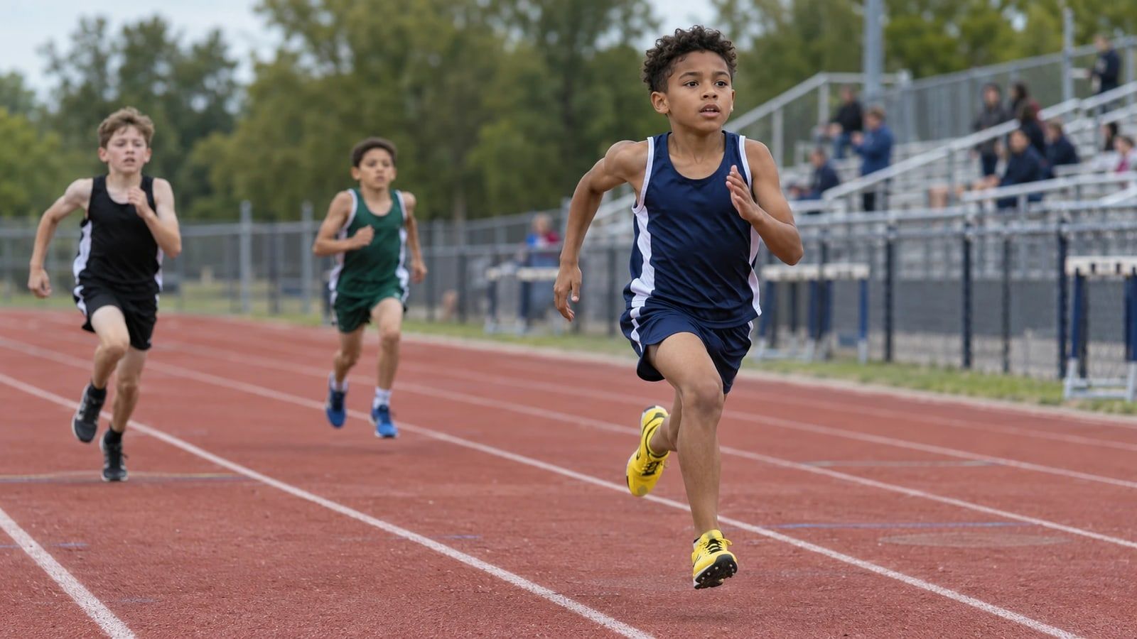 Example photo: a young sprinter leading a youth race down his lane